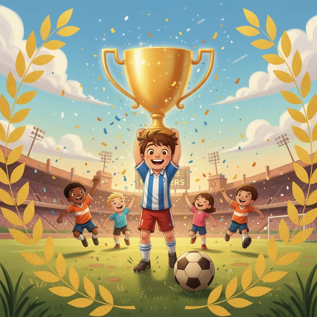 Luka e la sua squadra alzarono la coppa d'oro, festeggiando la loro vittoria. Con un sorriso raggiante, Luka capì che il calcio non era solo un gioco, ma una lezione di vita: con impegno e amicizia, i sogni possono diventare realtà.