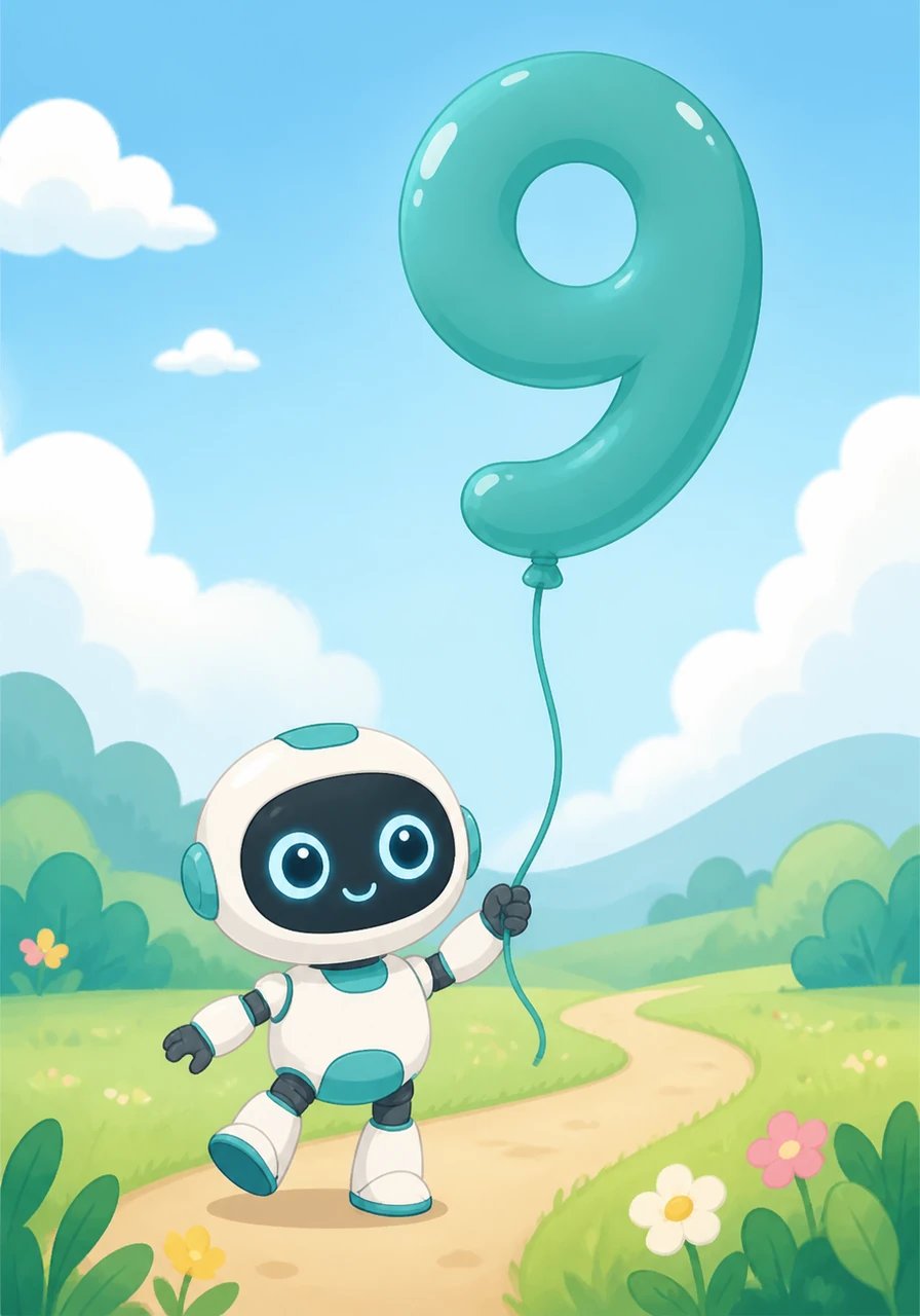 最后,点点开心地牵起一个系着长绳子的大气球,圆圆的球体和垂下的细绳组合成了数字9。
