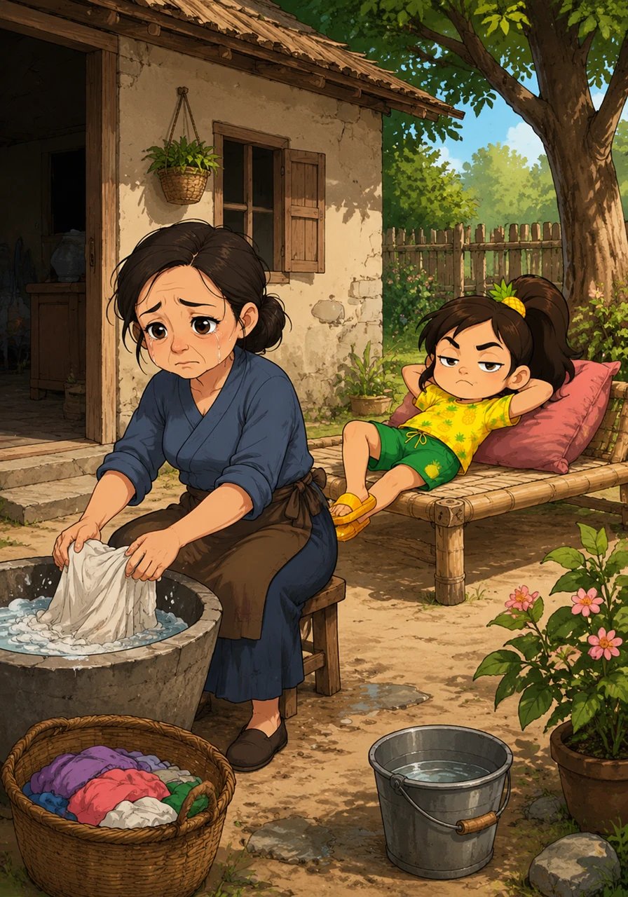 In a small village, a hardworking mother lived with her only daughter, Pina. The mother was always busy with chores, but Pina preferred to play and lounge all day, avoiding any work.