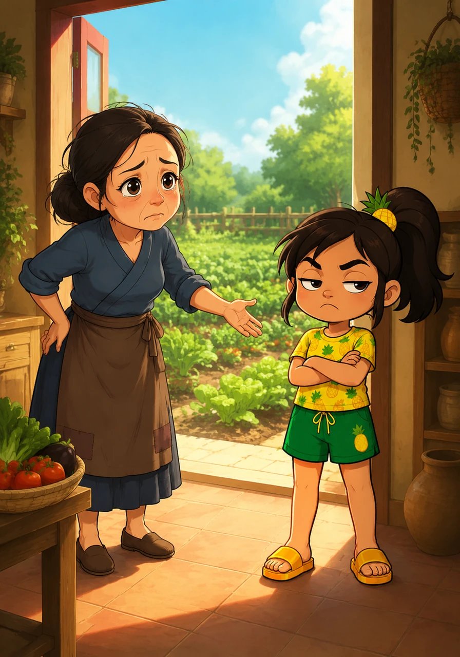 One sunny morning, the tired mother asked Pina to go into their lush garden to gather some vegetables for lunch. Pina, showing her usual laziness, simply crossed her arms and refused to go.