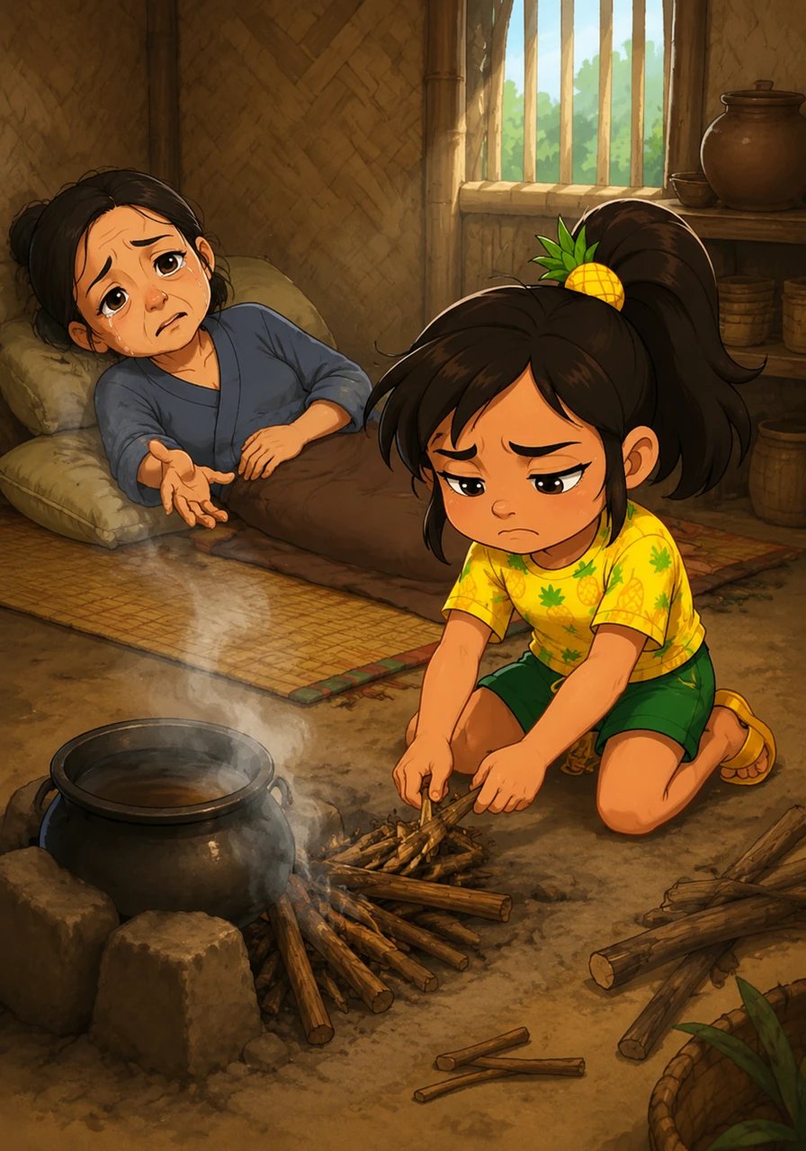 Suddenly, the mother fell ill and could not leave her mat. She pleaded with Pina to cook some porridge for her, but Pina struggled even to light the fire.