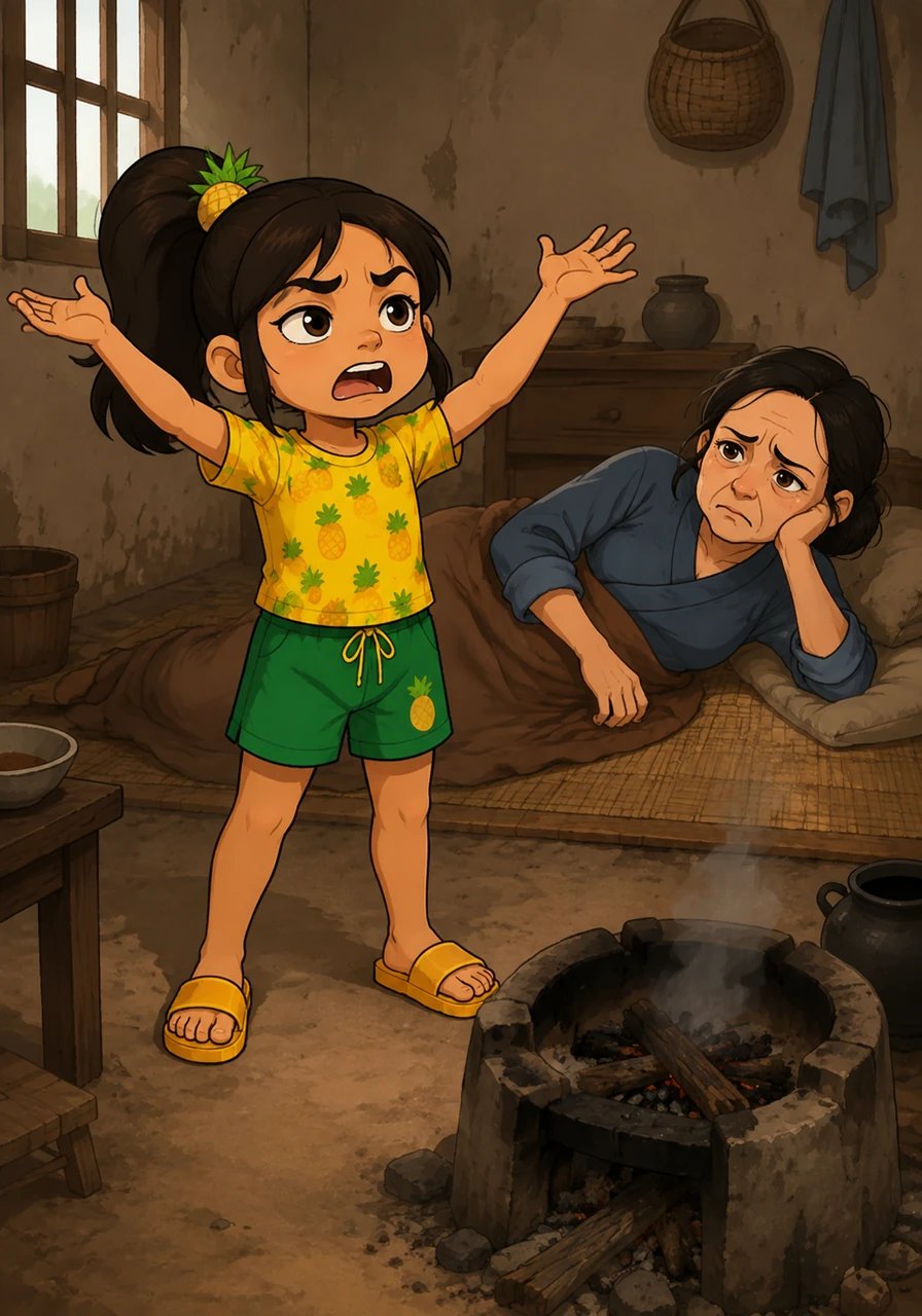 As the fire went out, Pina threw her hands up, complaining she couldn't find the ladle, making excuses as always. Her sick mother, watching helplessly from her mat, grew incredibly frustrated.