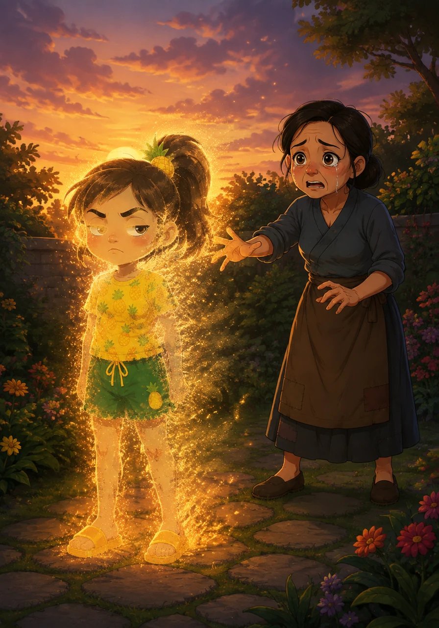 That night, as the sun set, a strange golden light began to shimmer around Pina, who was standing by the garden. Her form blurred and slowly faded away.