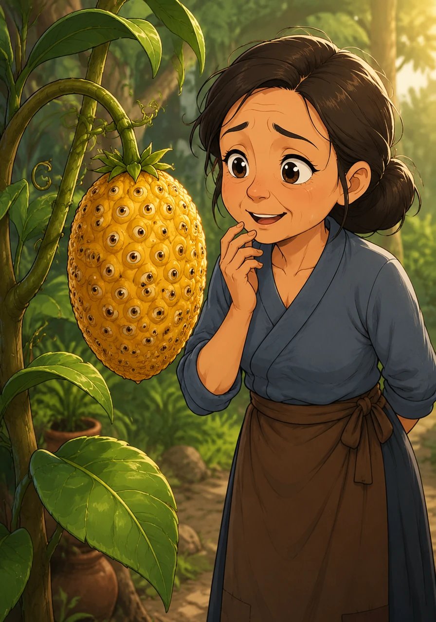 Days passed, and a fruit began to form on the strange plant, ripening into a golden color. The mother realized with wonder that the fruit was covered in hundreds of small 'eyes'.