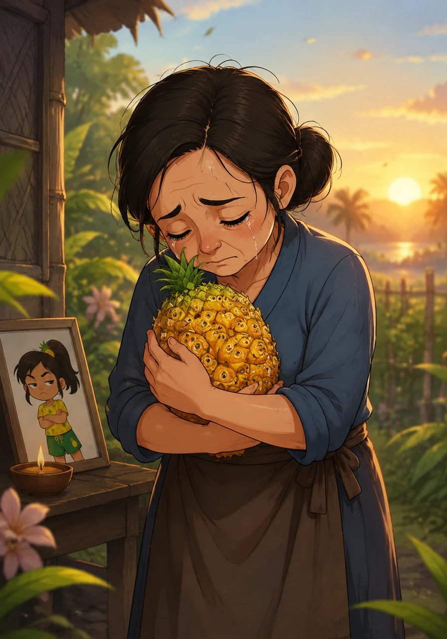 Holding the fruit, the mother wept as she recognized the fulfillment of her wish. She named the fruit 'Pinya' in memory of her daughter, ensuring the story of Pina and her thousand eyes would always be remembered.