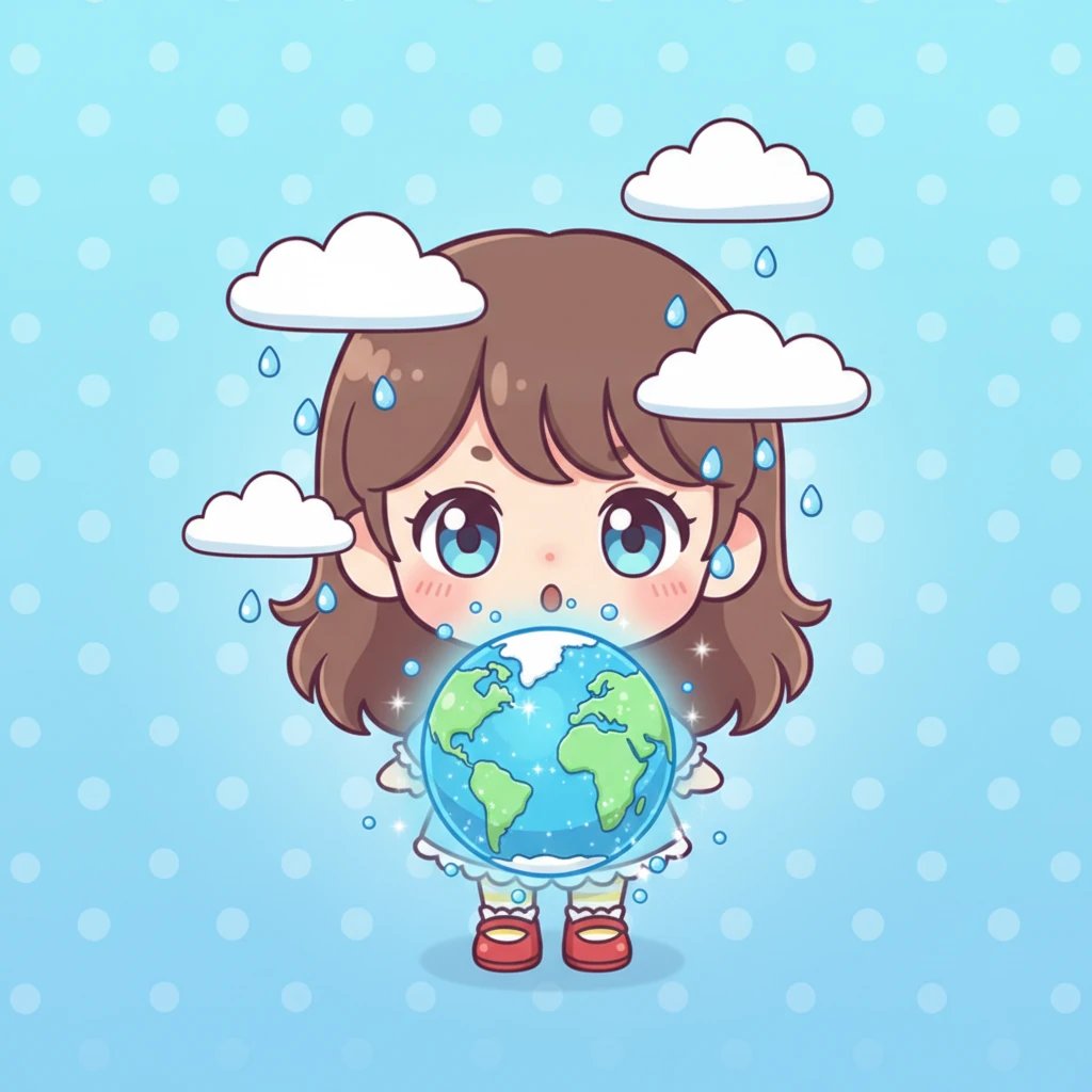 Poi, la Maestra spiega che la Terra si raffreddò, e l'acqua iniziò a riempire le grandi conche. Aurora vede nella sua mente una dolce Terra chibi coperta di mari blu scintillanti e nuvole soffici, mentre goccioline d'acqua cadono leggere.