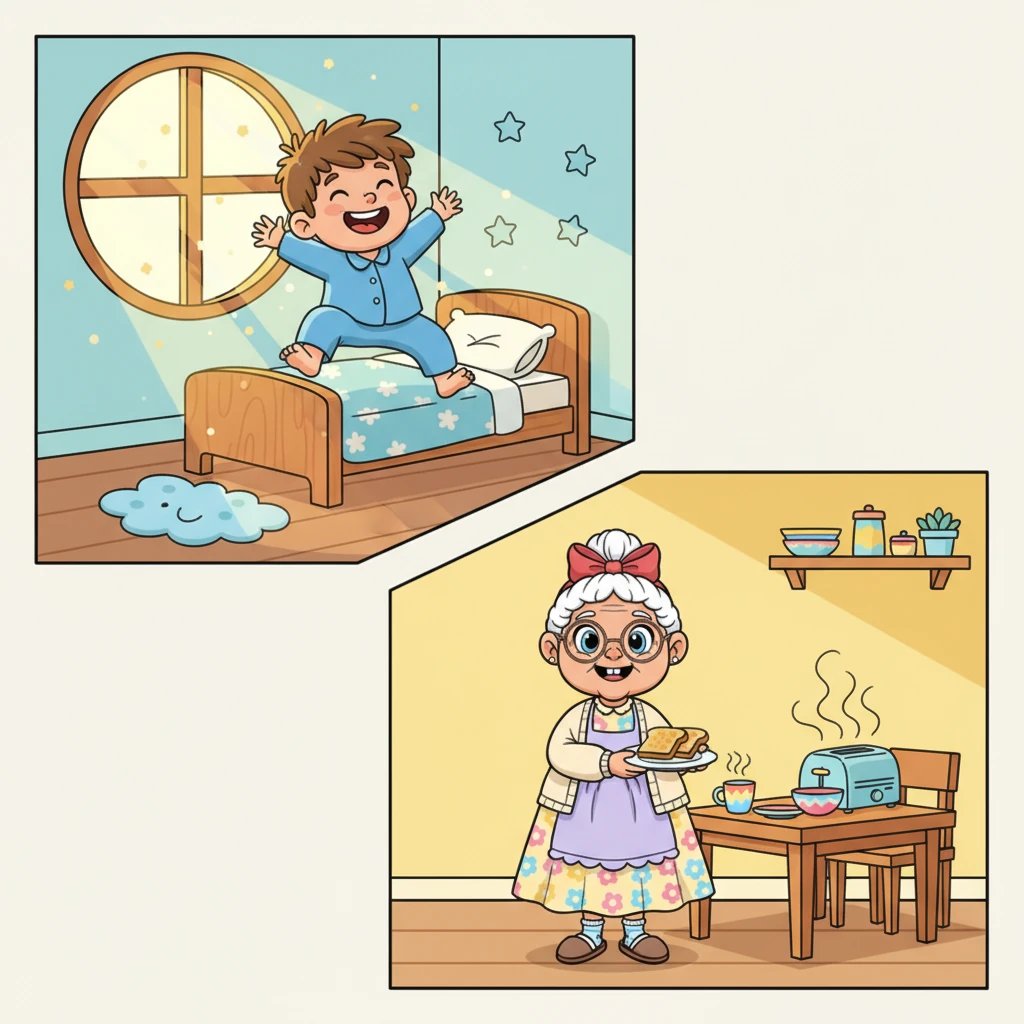 Kuat terbangun dengan senyum lebar di pagi hari, cahaya matahari masuk melalui jendela kamarnya. Ia melompat dari tempat tidur, kakinya yang kecil bersemangat menyambut hari baru. Oma sudah menunggu di dapur dengan sarapan hangat. Aroma roti panggang memenuhi seluruh rumah kecil mereka.