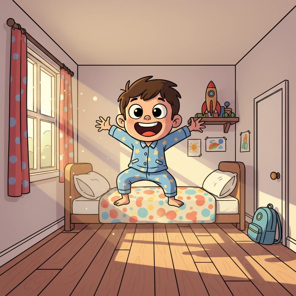 Kuat terbangun dengan semangat baru, cahaya matahari pagi menyapa kamarnya. Ia melompat dari tempat tidur, siap menghadapi hari dengan senyum ceria. Kuat tahu ia adalah anak yang kuat dan dicintai, menunggu hari Papa dan Mama pulang. Petualangan baru menanti setiap hari.