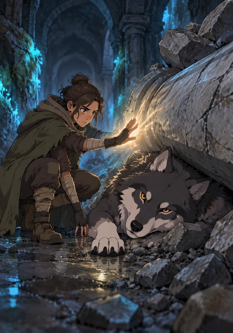 Guided by the sound, Kaelen crept forward until he discovered a massive wolf-like beast pinned beneath a fallen marble pillar. Its amber eyes reflected the faint glow of luminescent moss on the ruined walls. Sensing its pain, Kaelen focused his inner energy and whispered his first spoken reality, declaring that the heavy stone would become light as paper.