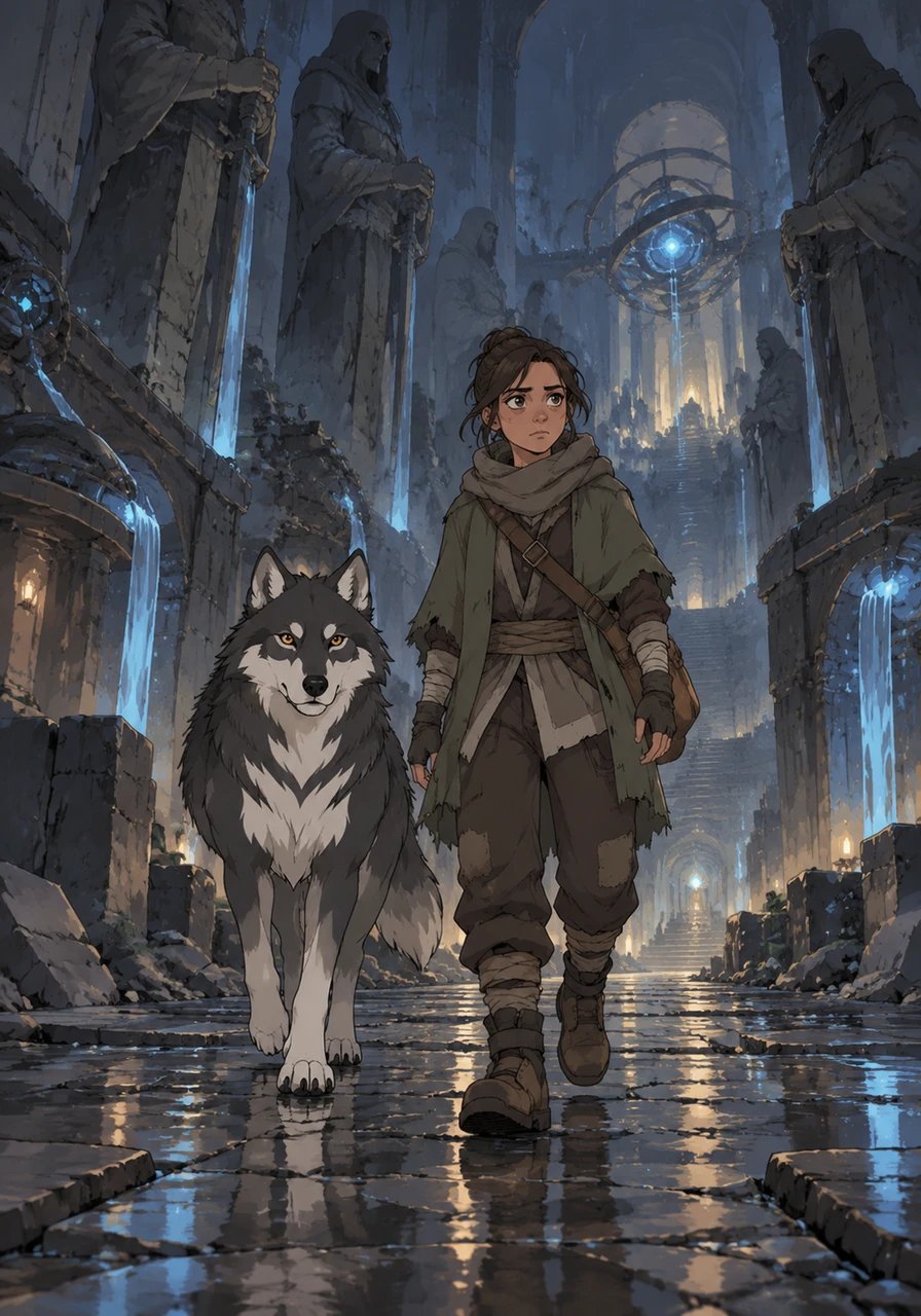 Side by side, Kaelen and the wolf traversed a grand subterranean hallway lined with forgotten statues and hummed with forgotten power. Ancient machinery flickered with faint blue light, hinting at a civilization lost to time. Every shadow seemed to hold secrets waiting to be unraveled.