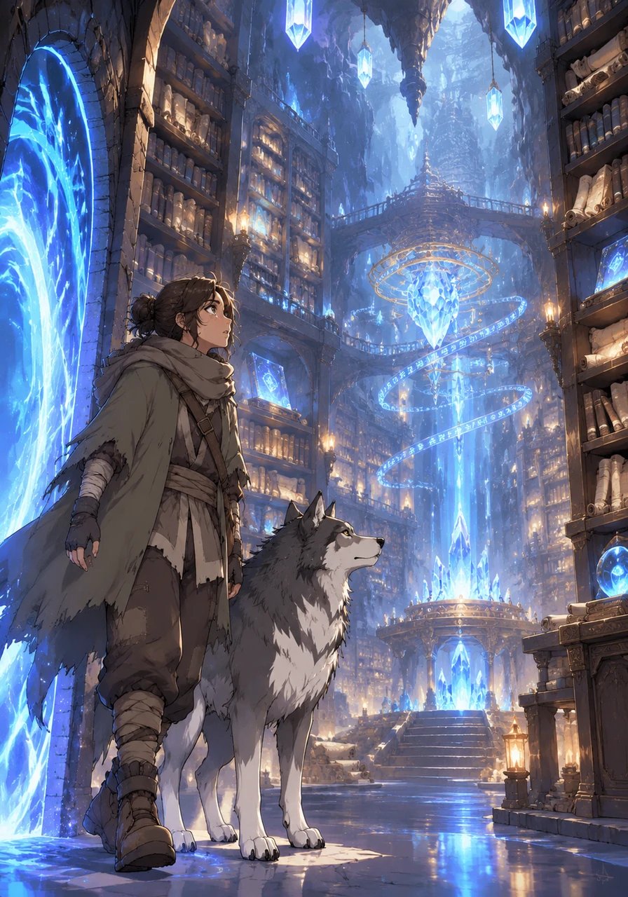 Beyond the portal lay a magnificent underground library bathed in sparkling crystal light. Thousands of ancient scrolls and glowing tomes sat untouched on towering bookshelves. In the center of the chamber, glowing runes floated softly in the still air.