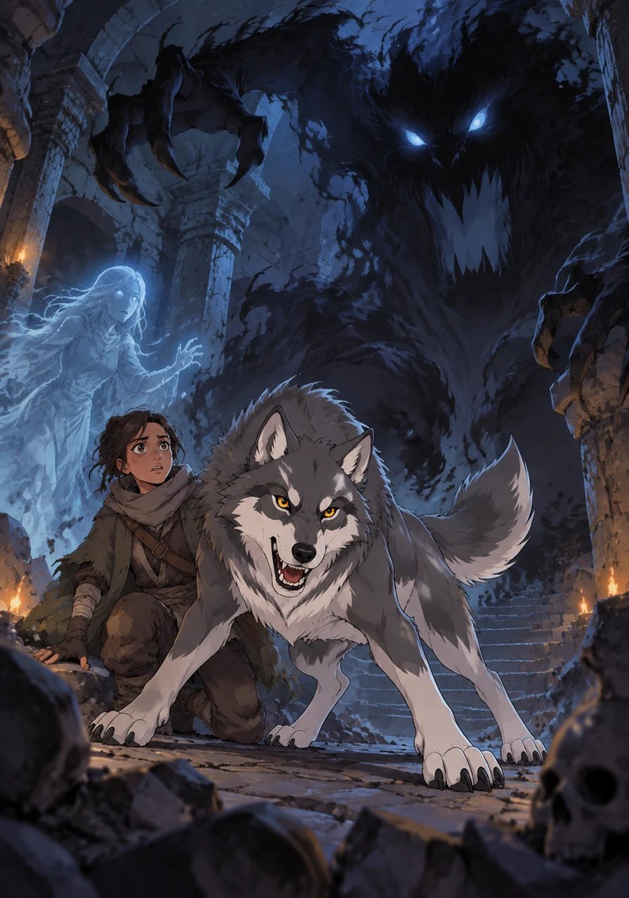 Before the ghost could reveal more, a towering shadow monster emerged from the lower catacombs, roaring with monstrous rage. The wolf leapt forward to defend Kaelen, standing fiercely between him and the creeping darkness.