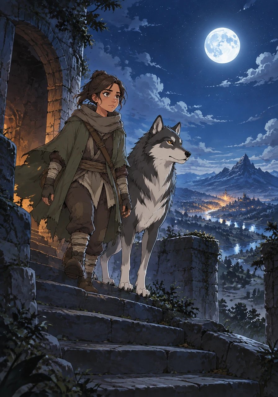 Guided by a cool breeze flowing down a spiral staircase, Kaelen and the wolf climbed up toward the surface world. Emerging under a moonlit sky, Kaelen realized his journey was only beginning as the vast world awaited his story.