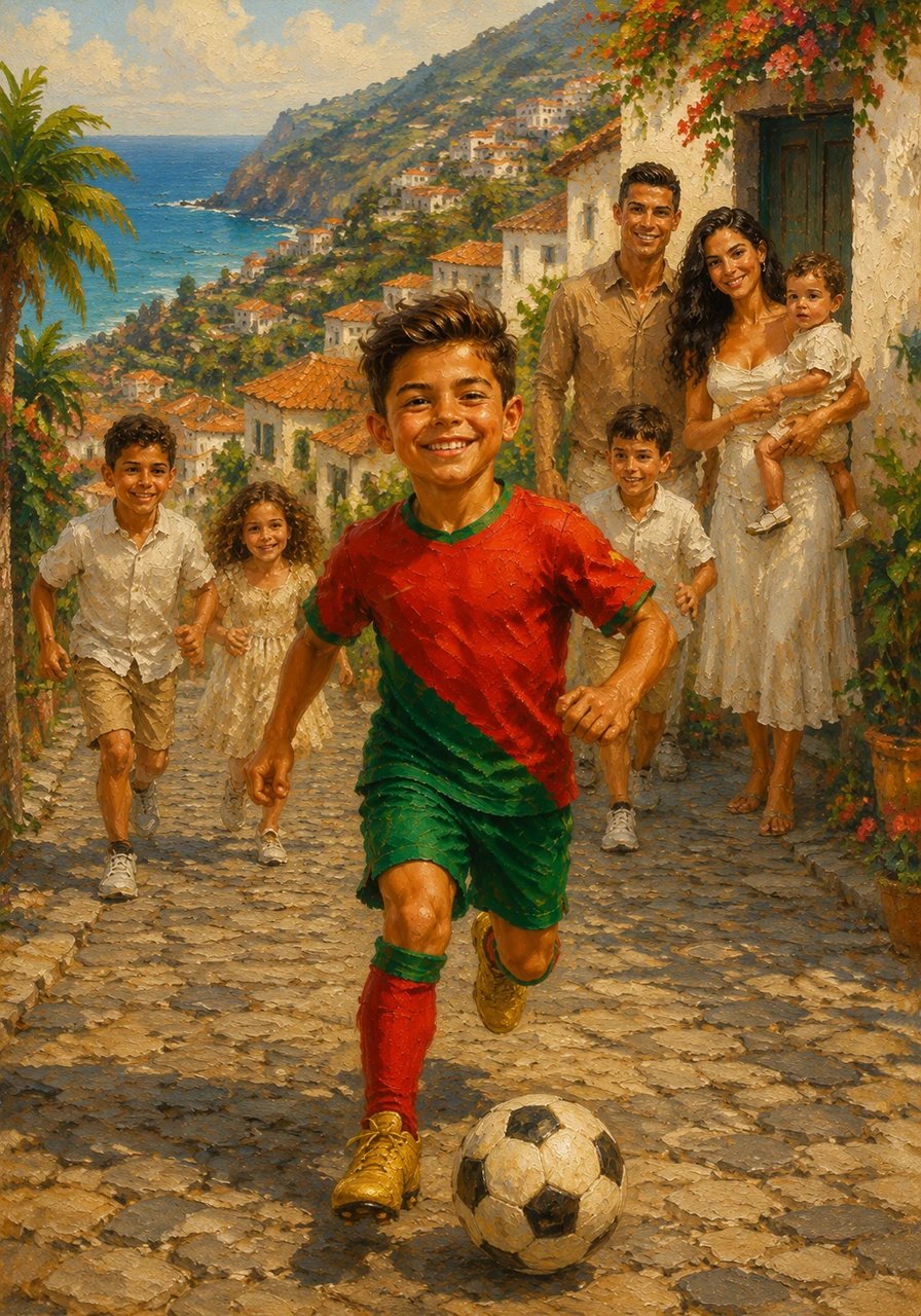 Numa ilha muito bonita e verde chamada Madeira, mesmo no meio do Oceano Atlântico, nasce um menino chamado Cristiano. Ele passa os dias a correr pelas ruas inclinadas, sempre com uma bola de futebol colada aos pés e um sorriso gigante no rosto.