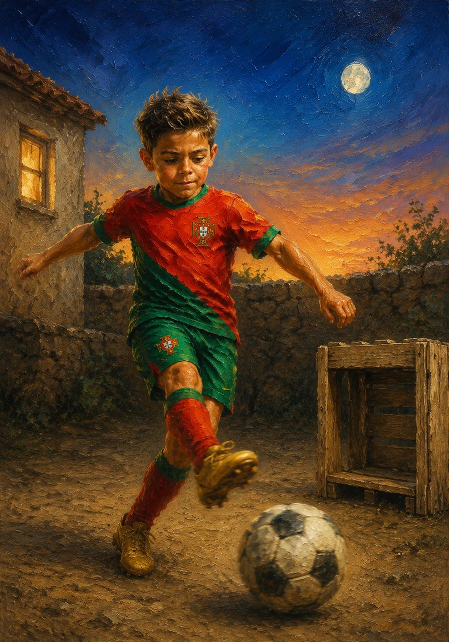 A bola é a sua melhor amiga e o quintal de casa transforma-se num verdadeiro estádio de futebol. Com caixotes de madeira a servirem de baliza, Cristiano treina os seus remates desde o nascer do sol até à lua brilhar no céu.