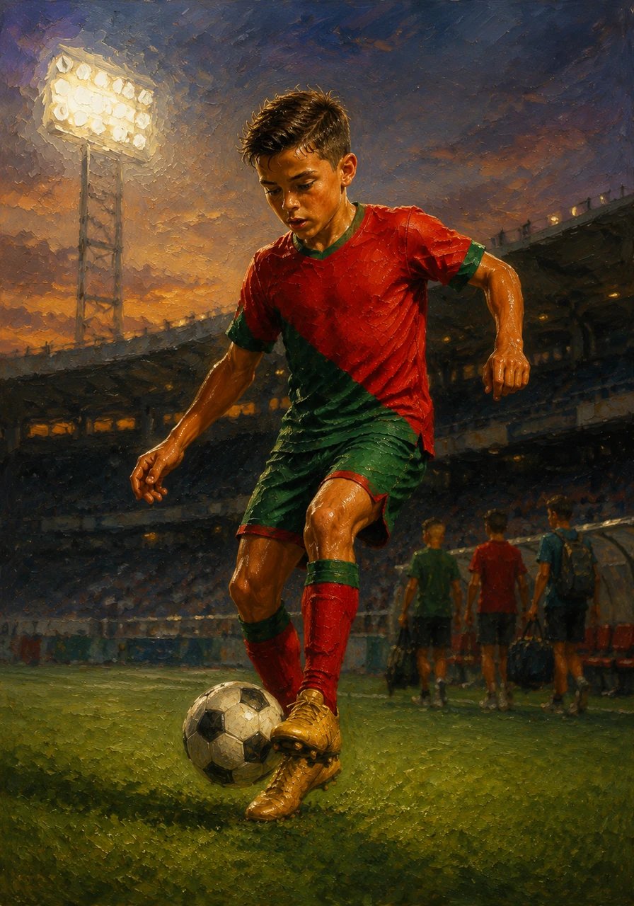 No novo clube, o jovem Cristiano treina mais do que todos os outros rapazes. Quando os treinos terminam, ele continua em campo a correr, a saltar e a praticar os seus truques mágicos com a bola, brilhando sob os holofotes do estádio.