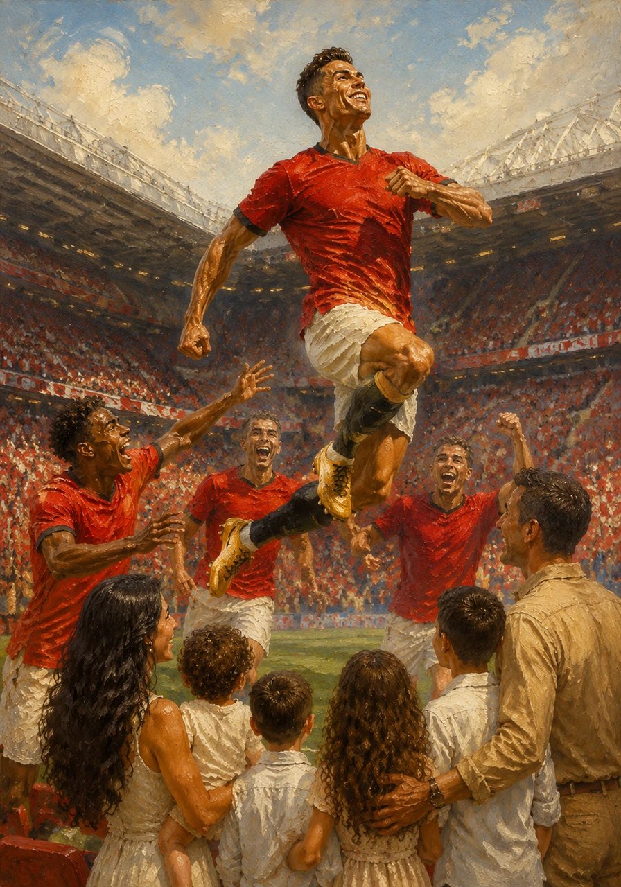 O seu talento atravessa fronteiras e Cristiano viaja para Inglaterra para vestir uma camisola vermelha muito famosa. Com a velocidade de um foguetão e saltos tão altos que parece que consegue voar, ele conquista o coração de milhares de adeptos que gritam o seu nome.
