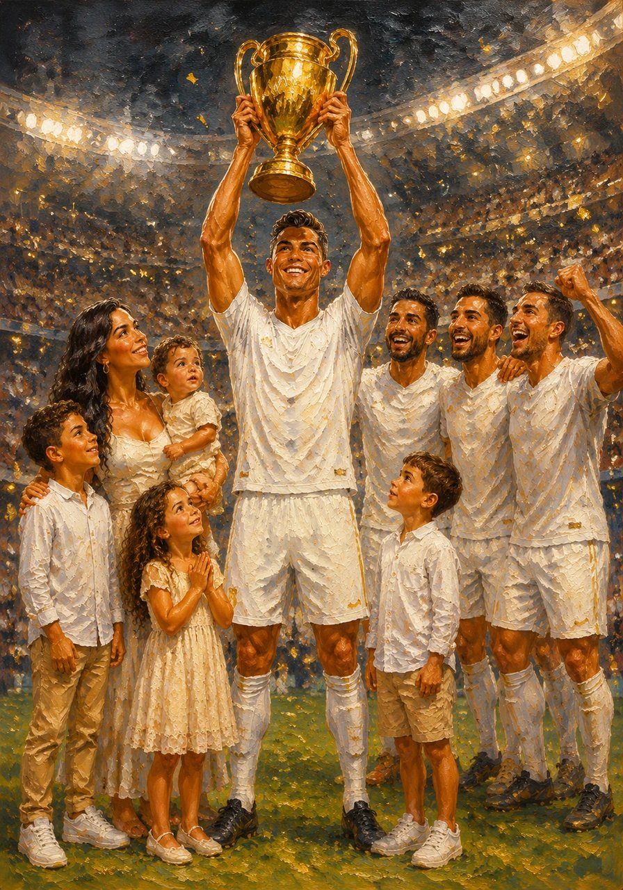 Mais tarde, Cristiano realiza o sonho de vestir uma camisola branca reluzente num estádio gigantesco em Espanha. Ali, ele marca golos incríveis que parecem obras de arte e levanta taças douradas que brilham tanto quanto os seus olhos de felicidade.