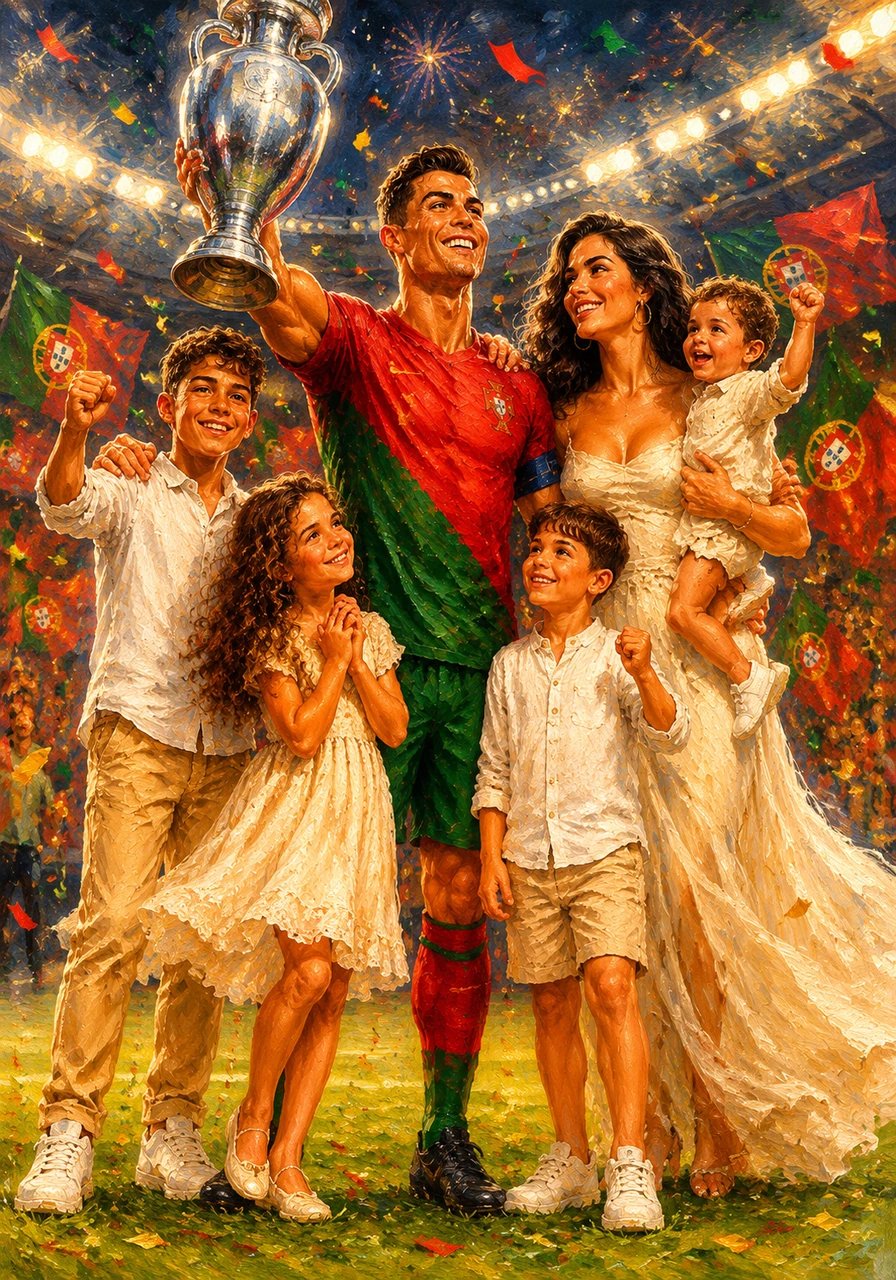 O momento mais bonito acontece quando Cristiano veste a camisola vermelha e verde do seu próprio país, Portugal. Como capitão de equipa, ele guia os seus companheiros com garra e ajuda a erguer uma taça Europeia brilhante, fazendo saltar de alegria um país inteiro.
