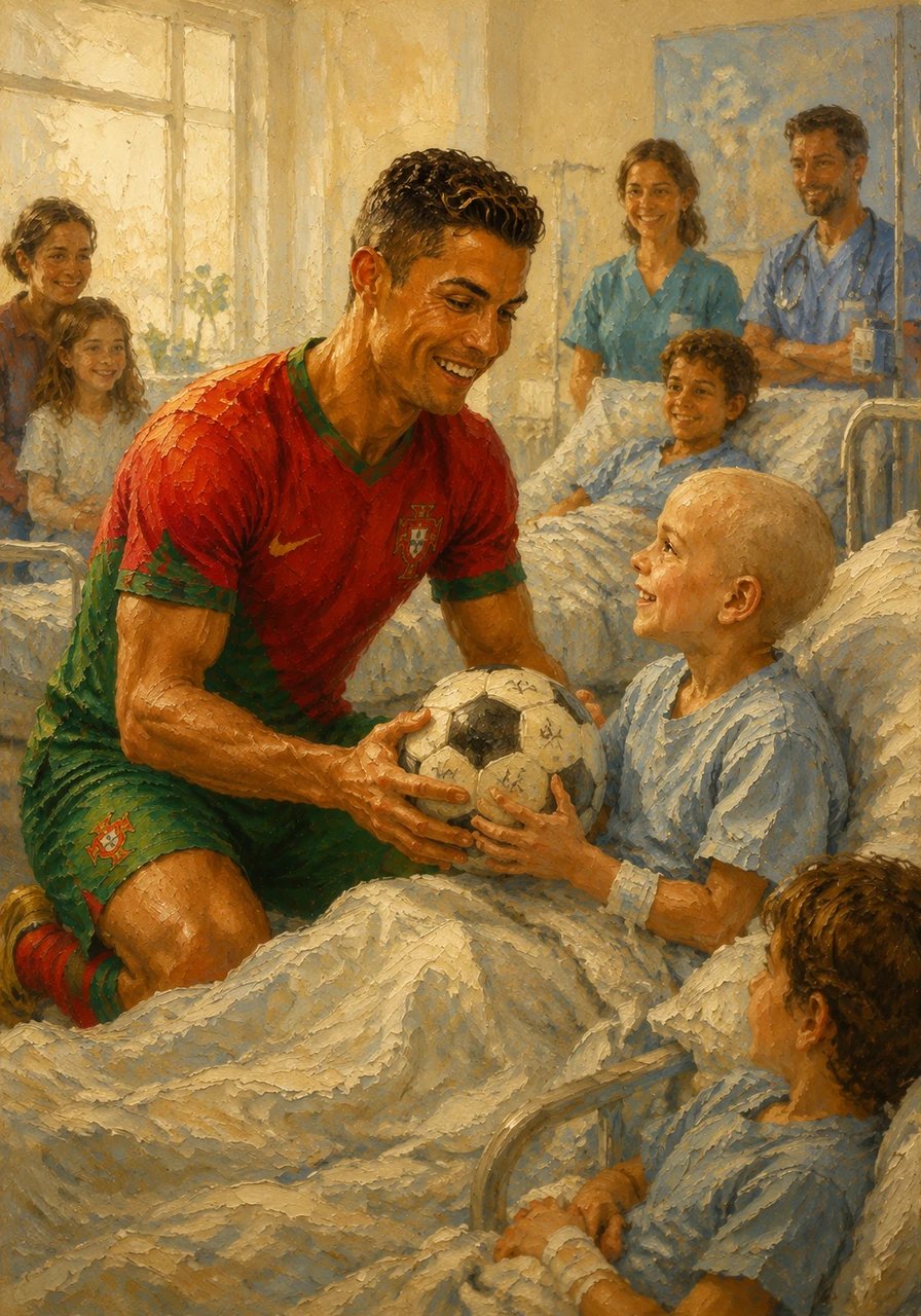 Mesmo sendo uma grande estrela mundial, Cristiano nunca se esquece de ajudar quem mais precisa. Ele visita hospitais, distribui sorrisos às crianças e partilha a sua magia, mostrando que o maior superpoder de um campeão é ter um coração generoso.