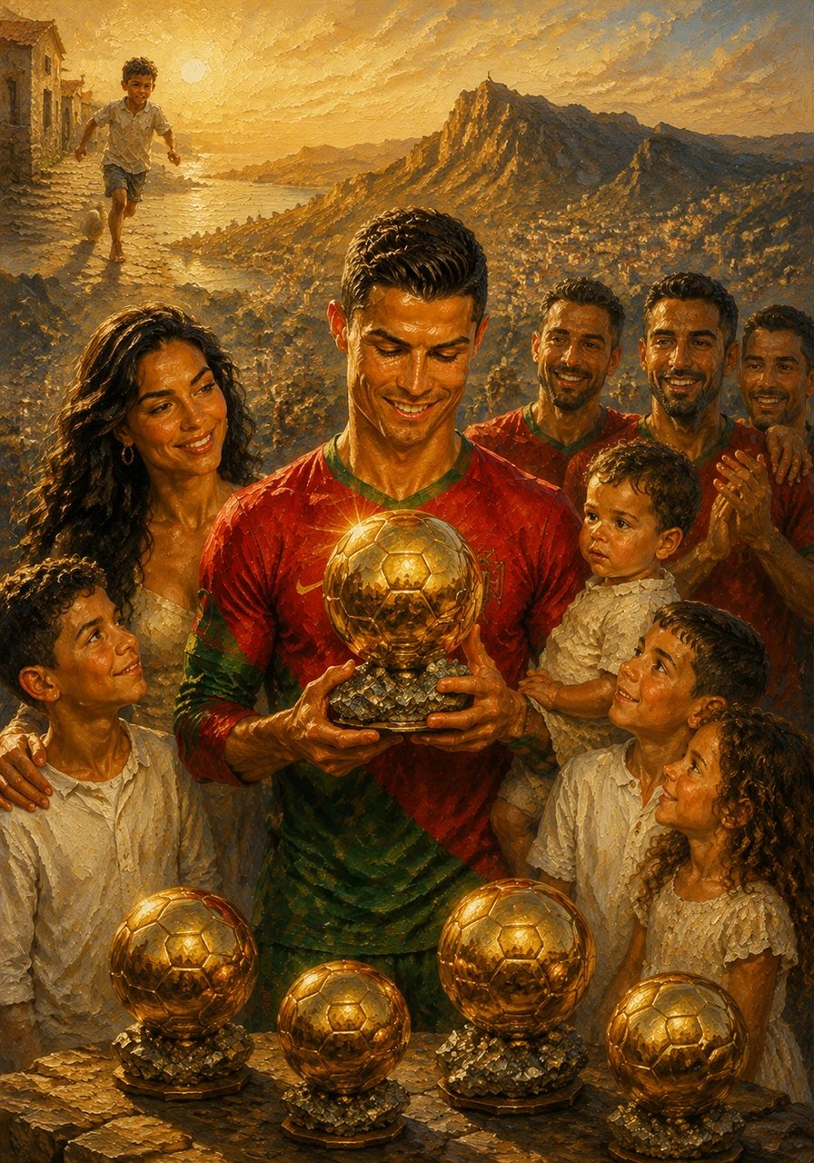 No topo do mundo, Cristiano recebe bolas de ouro reluzentes que premeiam todo o seu esforço e dedicação. Ele olha para os troféus com orgulho, lembrando-se sempre do menino que corria descalço pelas ruas da Madeira.