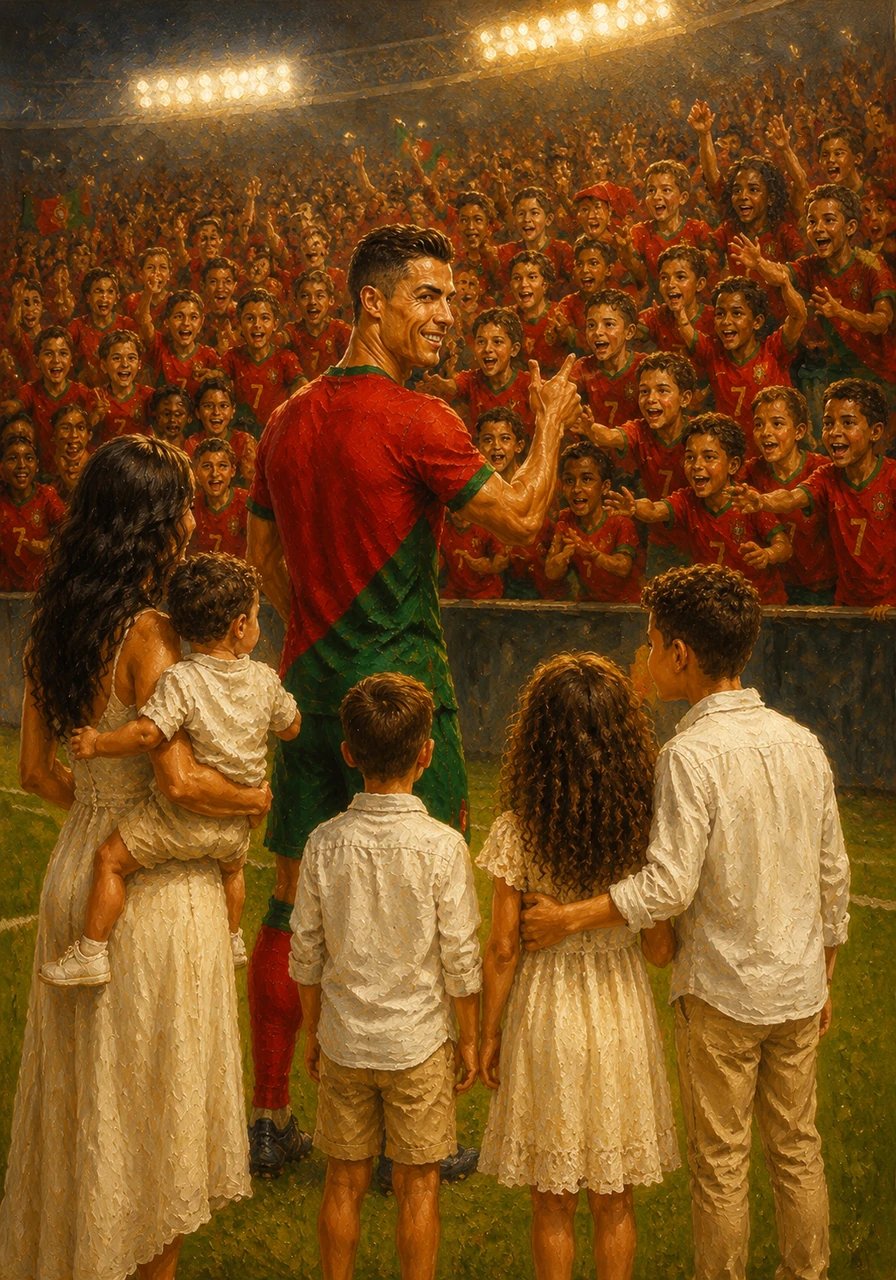 Hoje, Cristiano olha para as bancadas cheias de crianças que usam a sua camisola com o número sete. Ele pisca o olho aos pequenos sonhadores e mostra-lhes que, com muito trabalho e amor, qualquer menino pode transformar os seus sonhos em realidade.
