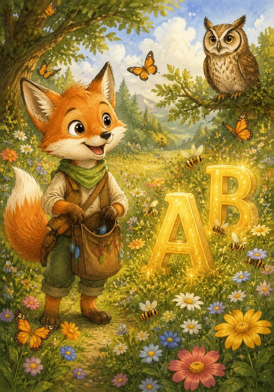 Albi, uma raposinha curiosa, começa sua jornada em um campo florido onde as letras A e B brilham como ouro entre as abelhas e borboletas. Ele carrega uma sacola mágica pronta para ser preenchida com todas as letras que encontrar pelo caminho.