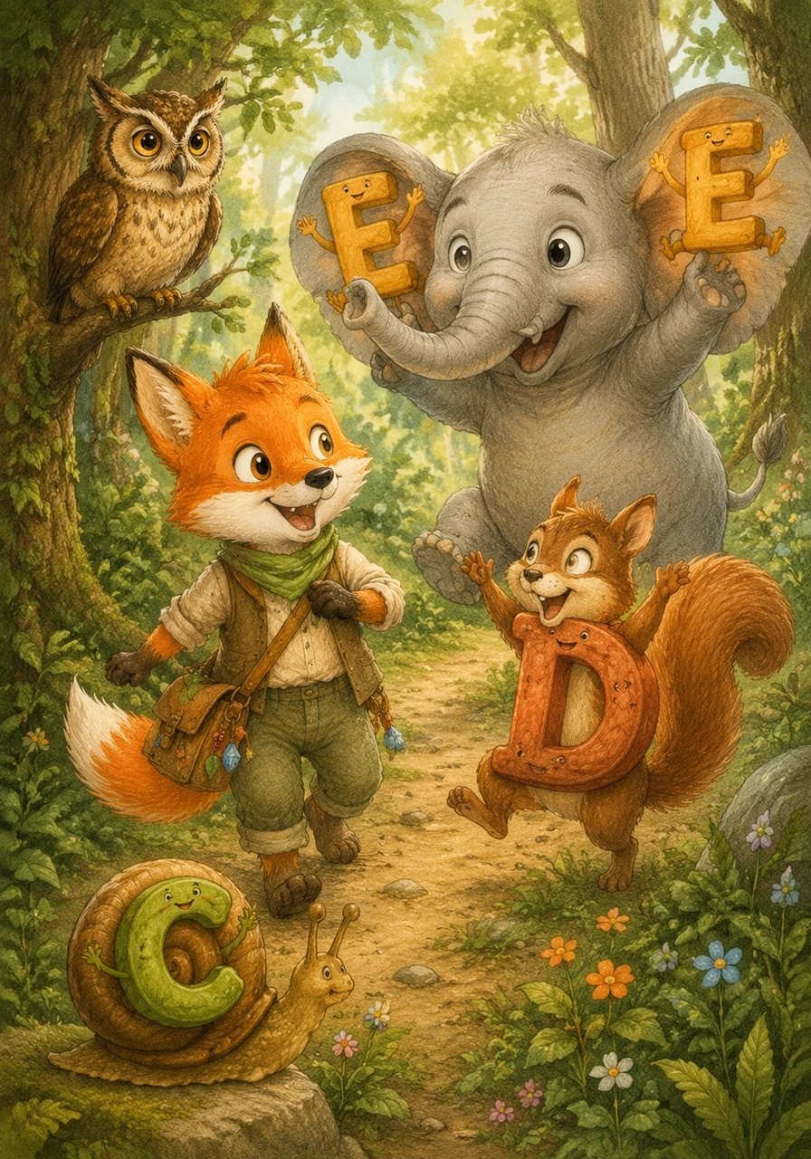 Caminhando pela floresta, Albi encontra a letra C escondida em uma casa de caracol, a letra D em um doce esquilo e a letra E nas orelhas gigantes de um elefante amigável. As letras saltam de alegria ao verem seu novo amigo explorador.