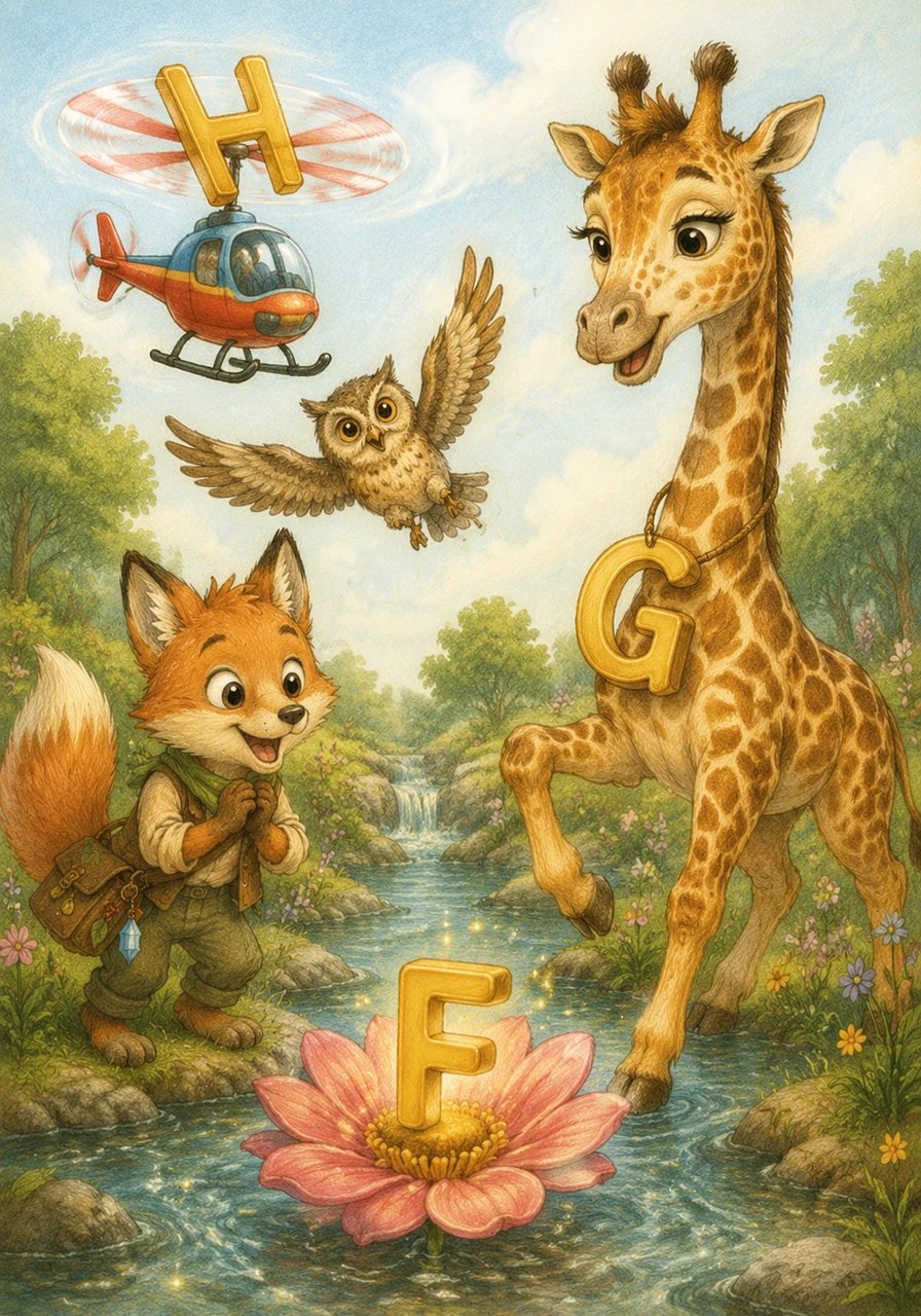 Perto de um riacho cristalino, a letra F flutua delicadamente em uma flor colorida, enquanto a letra G dança no pescoço de uma girafa e a letra H gira nas hélices de um pequeno helicóptero de brinquedo. O mundo está ficando cada vez mais cheio de sons e formas interessantes.