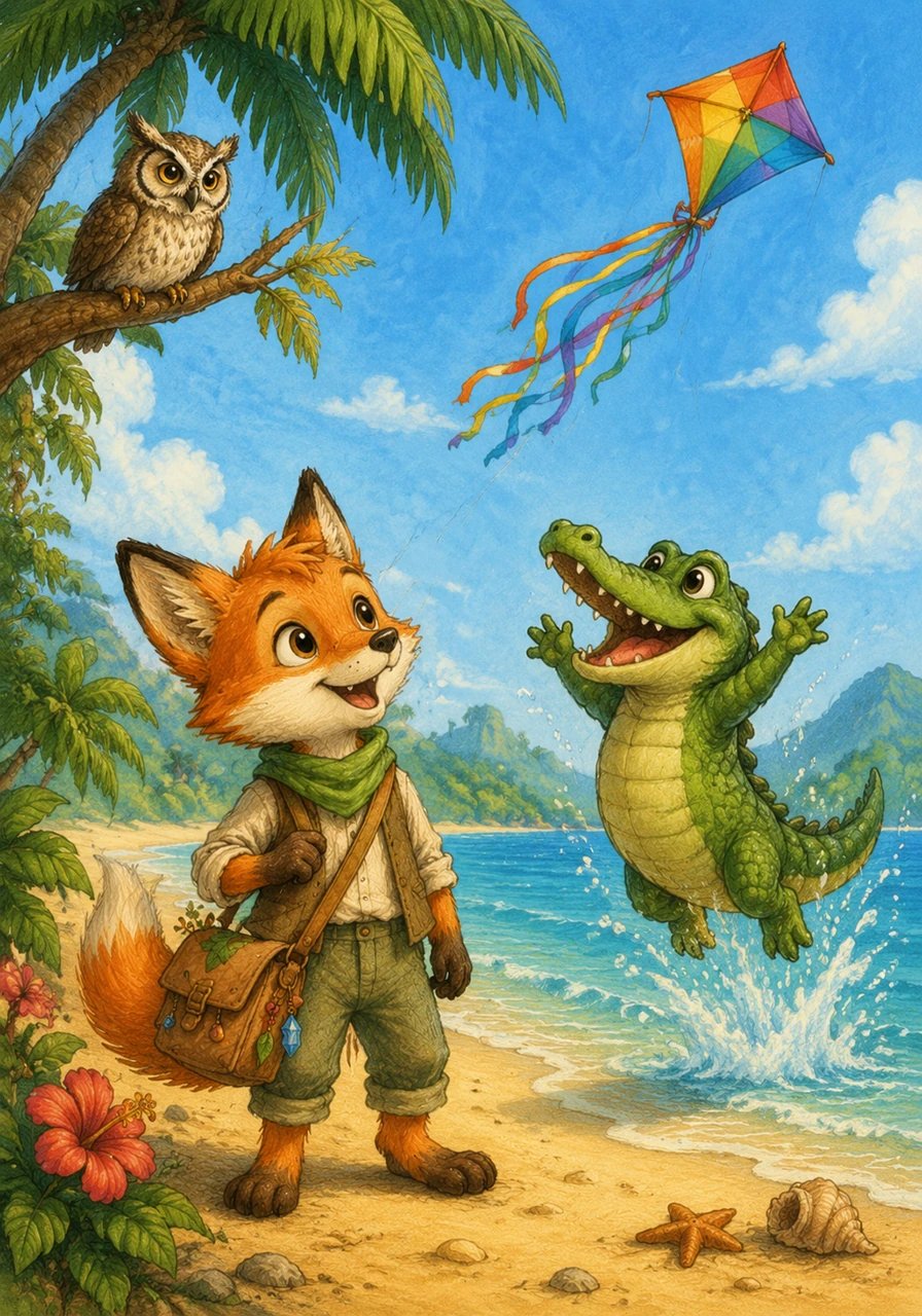 Albi chega a uma ilha tropical onde a letra I brilha na areia dourada, a letra J salta com um jacaré brincalhão e a letra K voa alto presa em uma pipa colorida no céu azul. Cada letra conta uma pequena história de aventura para a pequena raposa.
