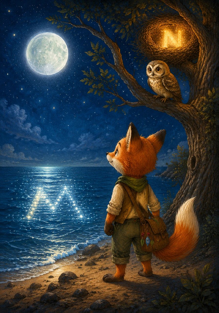 Sob a luz da Lua prateada, que começa com a letra L, Albi vê a letra M refletida suavemente no mar e a letra N protegida dentro de um ninho quentinho no topo de uma árvore. O silêncio da noite é preenchido pelo brilho mágico das letras coletadas.