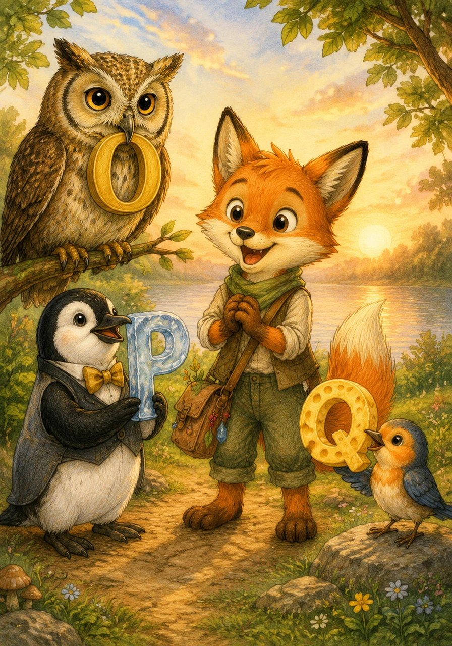 Ao amanhecer, uma sábia coruja traz a letra O em seu bico, um pinguim elegante apresenta a letra P e um pequeno pássaro carrega um pedaço de queijo que forma a letra Q. Albi sorri ao perceber como as letras estão presentes em todos os lugares da natureza.