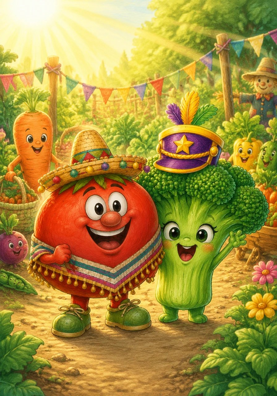 Bright morning sunbeams light up the Happy Garden as all the colorful vegetables excitedly prepare for the Great Harvest Parade. Tommy Tomato beams with a wide smile, and Bella Broccoli waves her tiny green hands in pure delight.