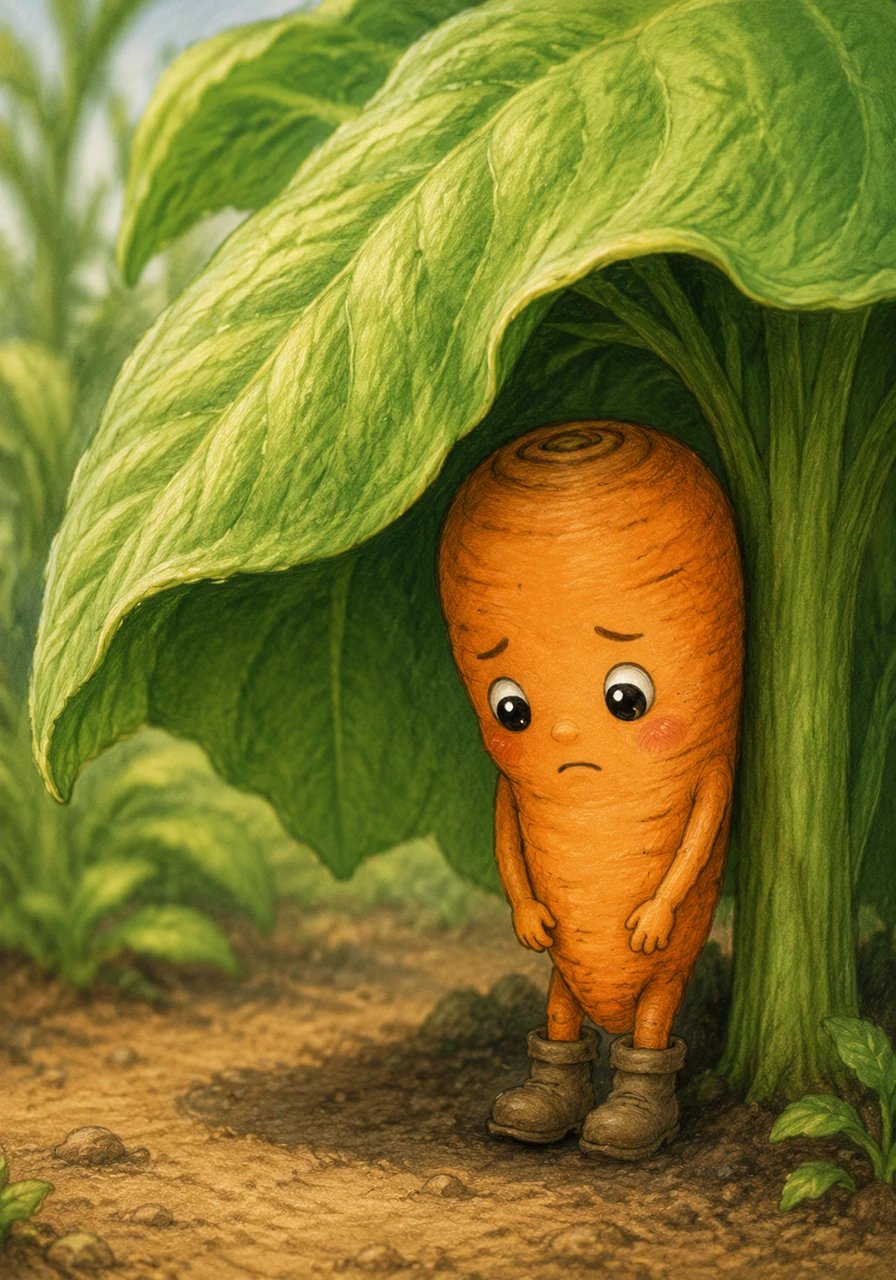 Behind a massive, shading green leaf, a very small carrot named Cody hides quietly. He looks down at his tiny boots and whispers sadly to himself, feeling too insignificant to ever be noticed by the others.