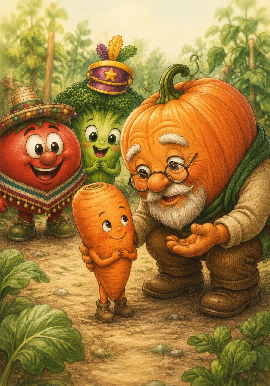 Wise Grandpa Pumpkin leans down kindly, his face glowing with a warm and gentle smile. He reassures the little carrot, softly telling him that being small doesn't mean he can't do incredibly big things.