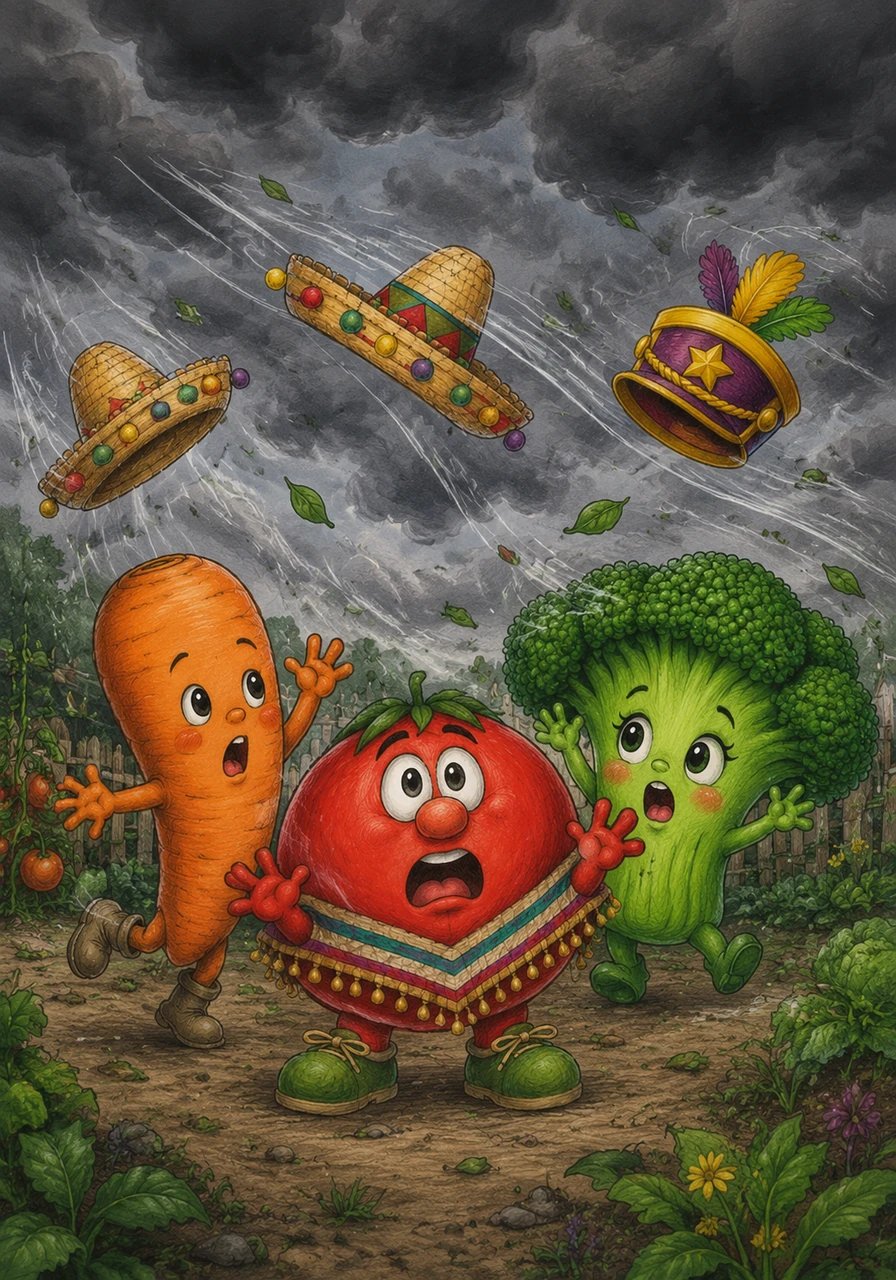 Suddenly, heavy dark clouds roll across the sky, turning the bright day into a gloomy gray. A powerful gust of wind sweeps through the garden, snatching the festive hats right off the startled vegetables' heads.