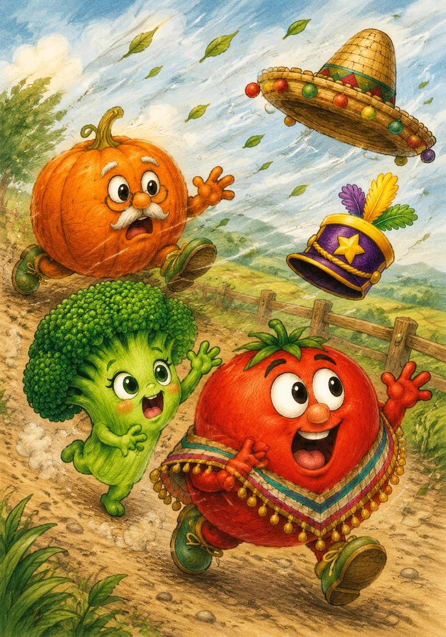 Chaos breaks out as Tommy Tomato and Bella Broccoli chase wildly after their flying hats. Even Grandpa Pumpkin tries his best to move, but the wind is simply too fast for the heavy vegetables.