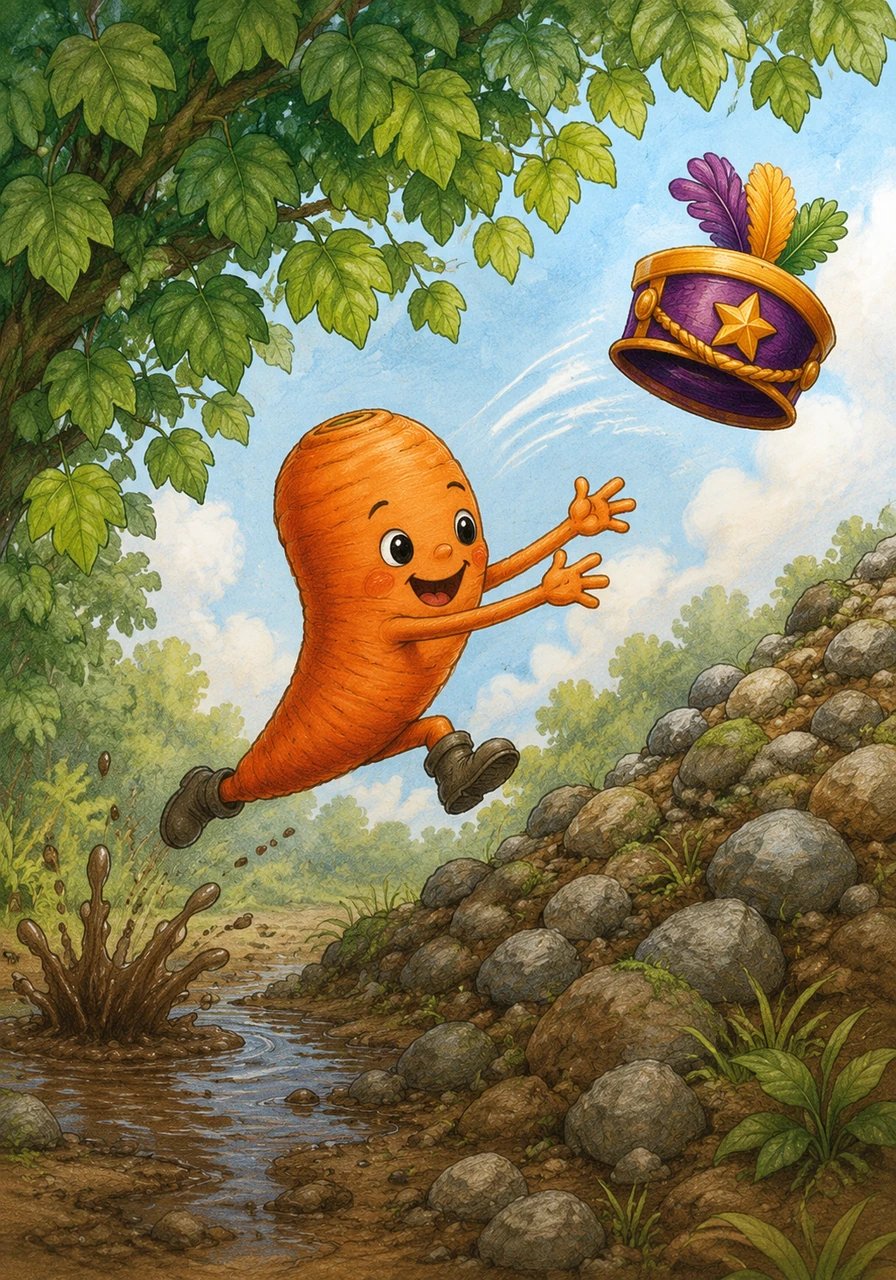 Cody leaps gracefully over a wide muddy puddle and squeezes nimbly beneath a canopy of low-hanging leaves. He climbs up a pile of tiny, steep rocks, stretching out his hands to catch another flying hat.