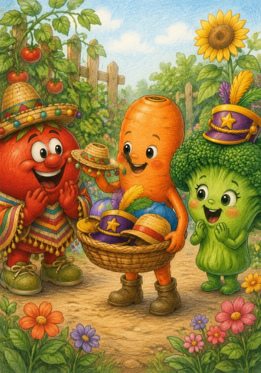 With a basket full of recovered treasures, Cody proudly hands each hat back to his joyful friends. The entire garden bursts into cheers and applause, celebrating the little carrot who saved their special day.