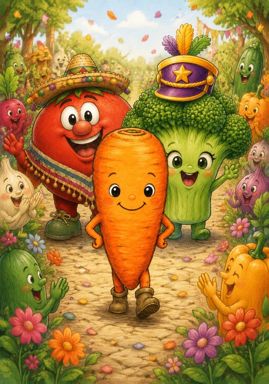 The grand parade marches forward with joyful music, and Cody leads the way at the very front while everyone claps. From that day on, whenever anyone in the garden feels small or afraid, they remember Cody's big heart.