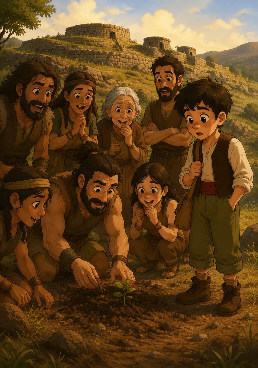 O mozo observa con asombro o momento exacto en que aquelas tribos descobren que unha semente enterrada na terra pode dar froito, dando inicio á gran revolución da agricultura preto dun antigo castro.