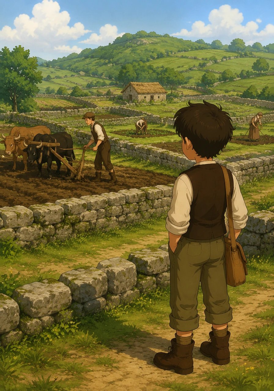 Co paso dos séculos, a agricultura evoluciona e Brais ve aos labregos galegos medievais traballando o campo con arados de bois, coidando a terra en pequenas parcelas rodeadas de muros de pedra.