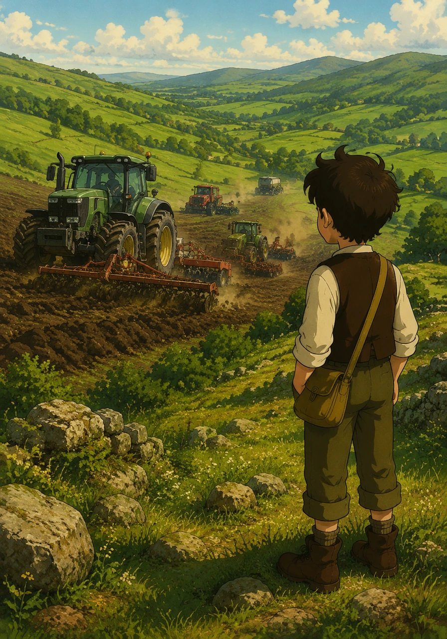 A modernidade chega con grandes tractores e máquinas que transforman a paisaxe galega, acelerando a produción de alimentos pero cambiando para sempre a harmonía tradicional do ambiente rural.