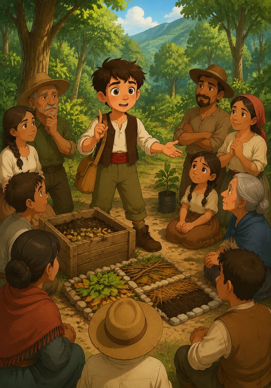 Decidido a cambiar o futuro, o mozo reúne aos veciños da súa aldea para ensinarlles métodos ecolóxicos, promovendo o uso de compost natural e a protección dos bosques autóctonos.