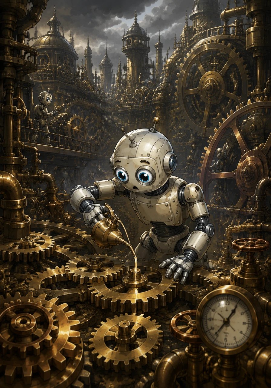 Oliver lived in a silent, clockwork city where everything was made of polished brass and heavy iron. He spent his days oiling giant wheels and checking pressure valves under a sky filled with thick, metallic clouds.