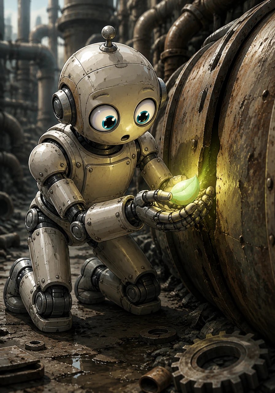 One afternoon, while cleaning a rusty drainage pipe, Oliver found a small, glowing green seed wedged in a narrow crack. It was the only thing he had ever seen that wasn't made of metal, and it felt warm against his cold tin palms.