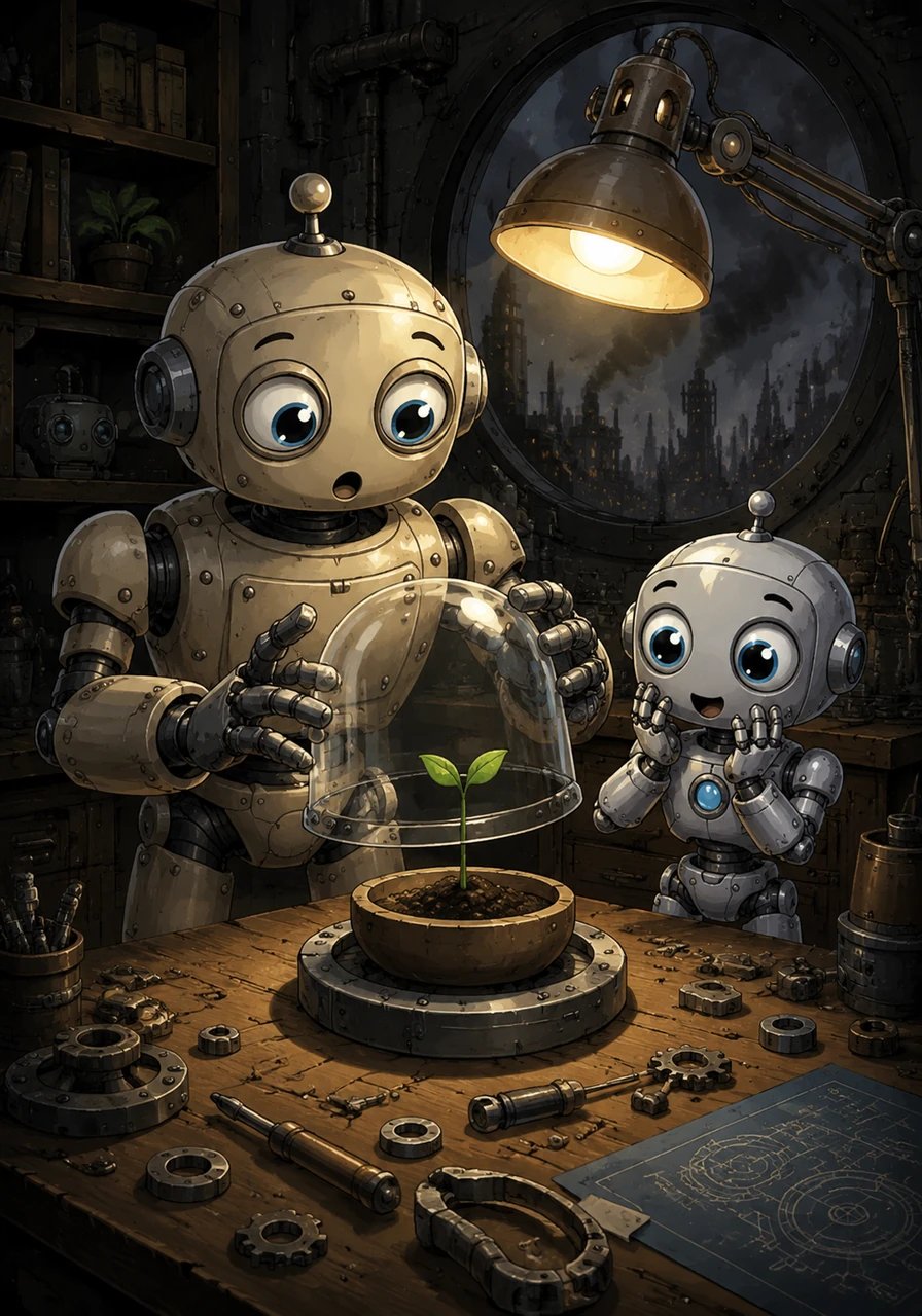 To his surprise, a tiny sprout emerged overnight, reaching upward toward the dim light of his workbench lamp. Oliver decided to build a special glass dome to protect the delicate plant from the city's heavy, soot-filled air.