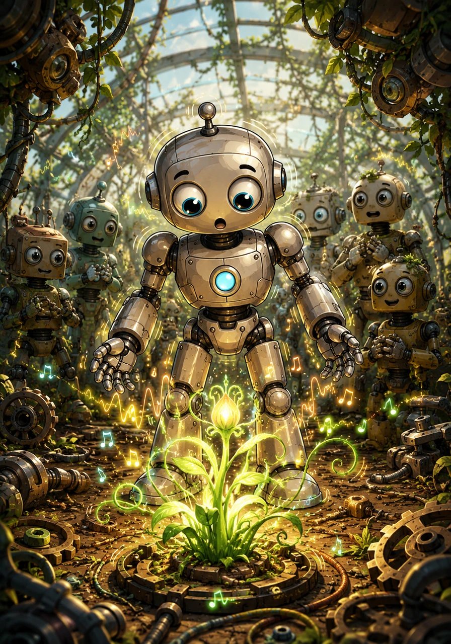 As the plant grew, it began to hum a soft, melodic tune that vibrated through Oliver's metal chassis. He realized the plant was not just growing; it was singing to the machines, making the gears turn with a newfound rhythm.