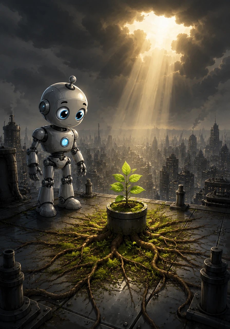 Oliver carried the plant to the highest rooftop in the city, seeking the faint rays of the sun hidden behind the smog. As he set it down, the plant's roots began to spread across the cold metal floor, turning the iron into soft, mossy earth.