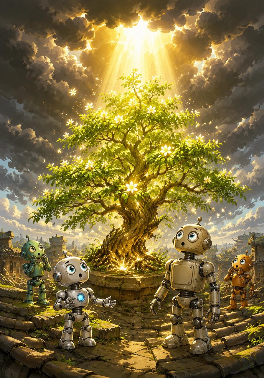Suddenly, the heavy clouds broke apart, and for the first time in centuries, a beam of golden sunlight hit the rooftop. The plant erupted into a magnificent tree with leaves that shimmered like emeralds and flowers that glowed like fallen stars.